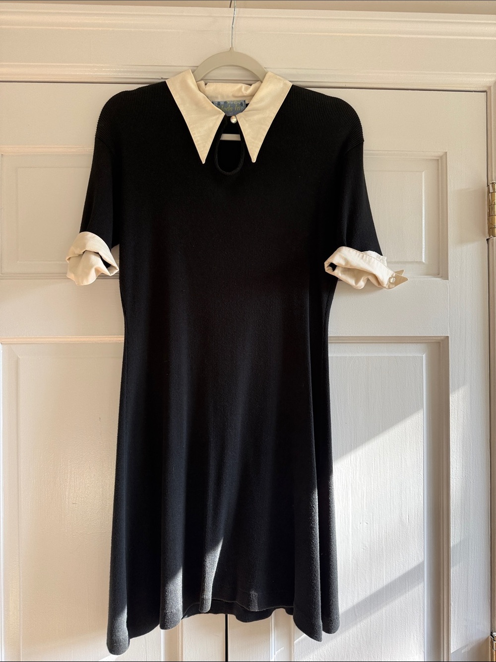 Black Short-Sleeve A-Line Dress with White Collar
